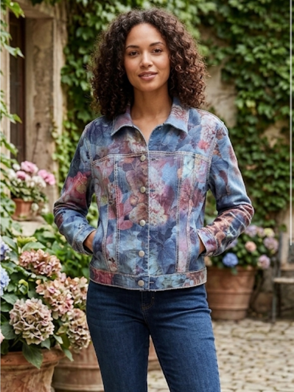 Frank Lyman Reversible Floral Denim Blue Cropped Jacket Stretch NWOT M